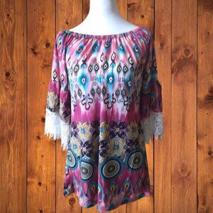 WinWin Tunic Top Woman's Small Medium 3/4 Sleeve Lace Round Neck New Boho